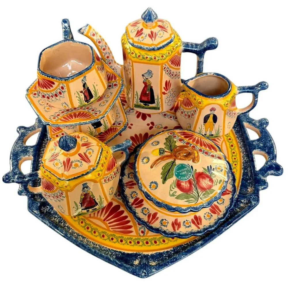 French Vire Faience Vintage Tray Teapot Cups Sugar Cream Covered Dish-9 PC Set - Picture 6 of 14
